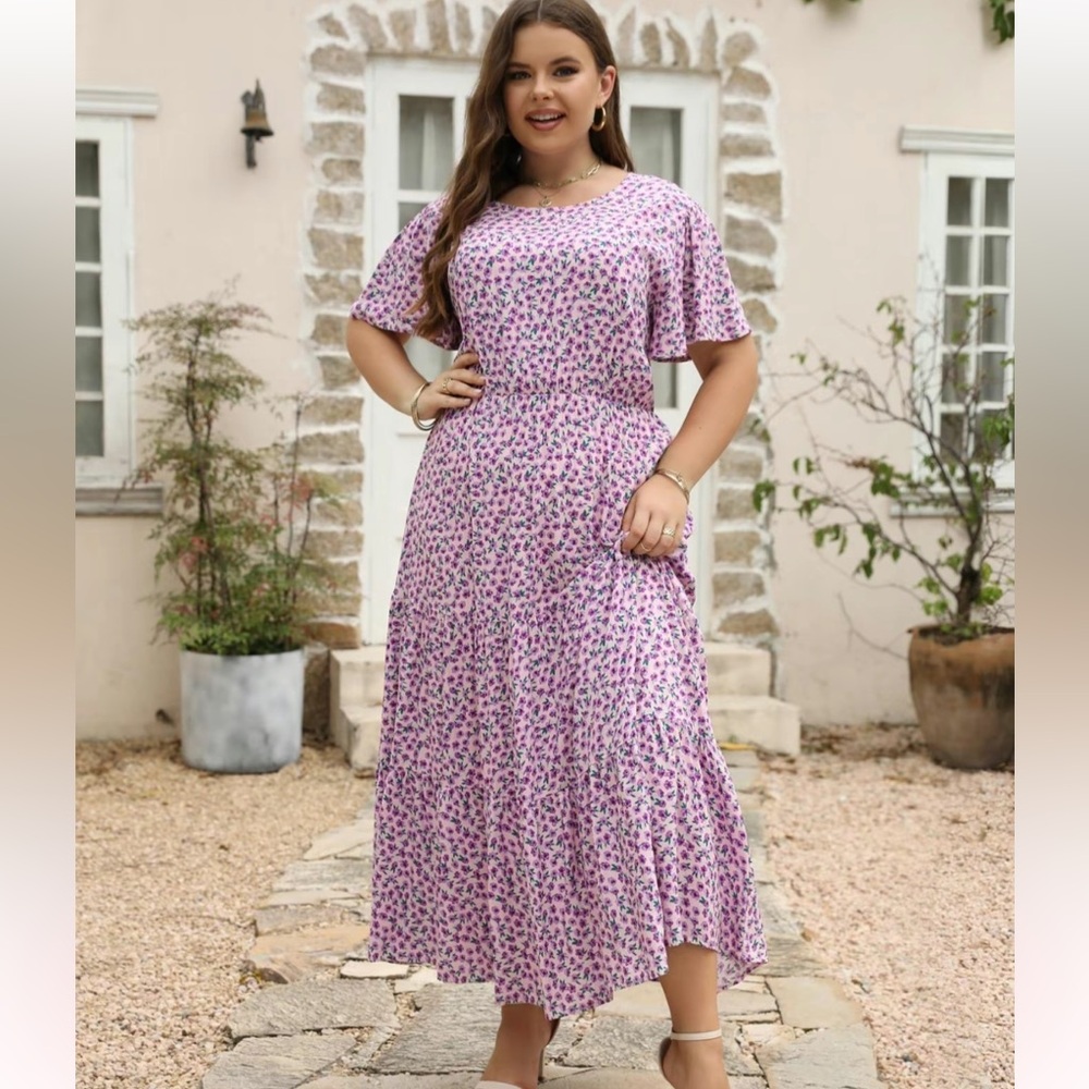 Nemidor Purple Green Floral Stretch Midi Dress Sz 16 XL